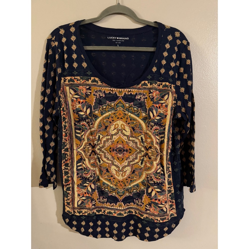 Lucky Brand Navy Blue Boho Mandala Graphic 3/4 Sleeve Top Large